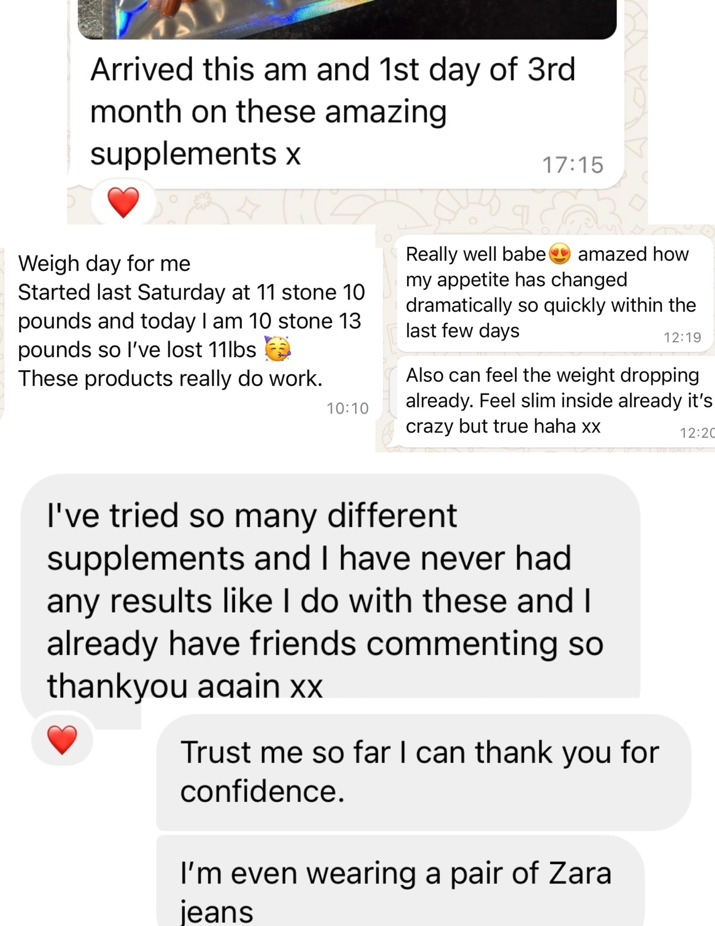 Text conversation about weight loss results with positive feedback on supplements.
